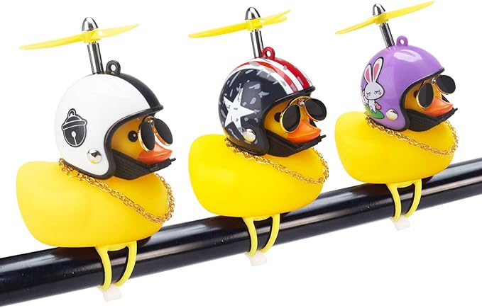 wonuu Rubber Duck Toy Car Ornaments Yellow Duck Car Dashboard Decorations Squeeze Duck Bicycle Horns with Propeller Helmet