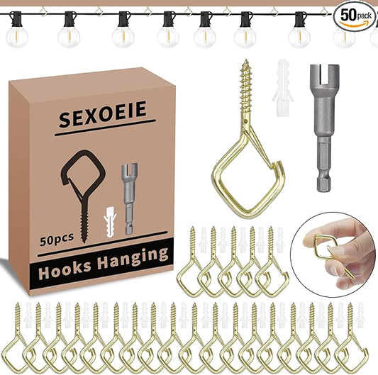 50 PCS Gold Eye Screw Hooks for Hanging Heavy Duty with Safety Buckle.Metal Ceiling Hooks for Hanging Plants Cup Wind Chime Bird Feeders Patio Lights at Indoor&Outdoor