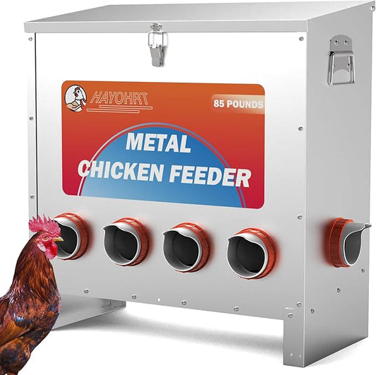 85 Pounds Automatic Chicken Feeder 6 Ports Large Gravity Fed Chicken Feeder with Latch & Handle for Chickens Bantams Pheasants Poultry Coop Weatherproof