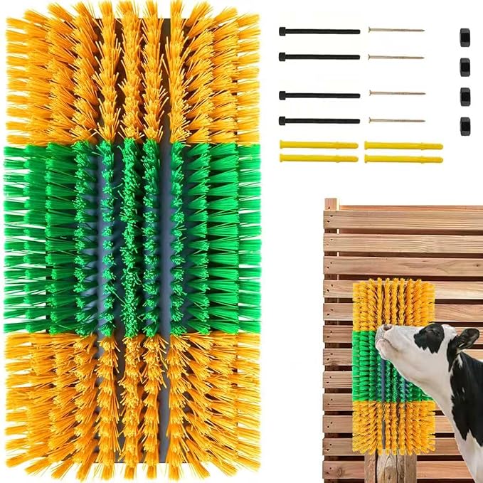 Livestock Scratching Brush — Cattle Horse Goat Pig Sheep Grooming Post with 8 Screws, Weather-Resistant Single Brush for Barn Fence Mount