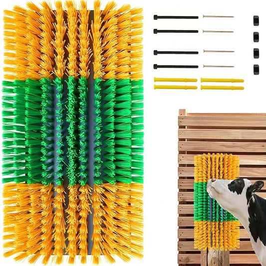 Livestock Scratching Brush — Cattle Horse Goat Pig Sheep Grooming Post with 8 Screws, Weather-Resistant Single Brush for Barn Fence Mount