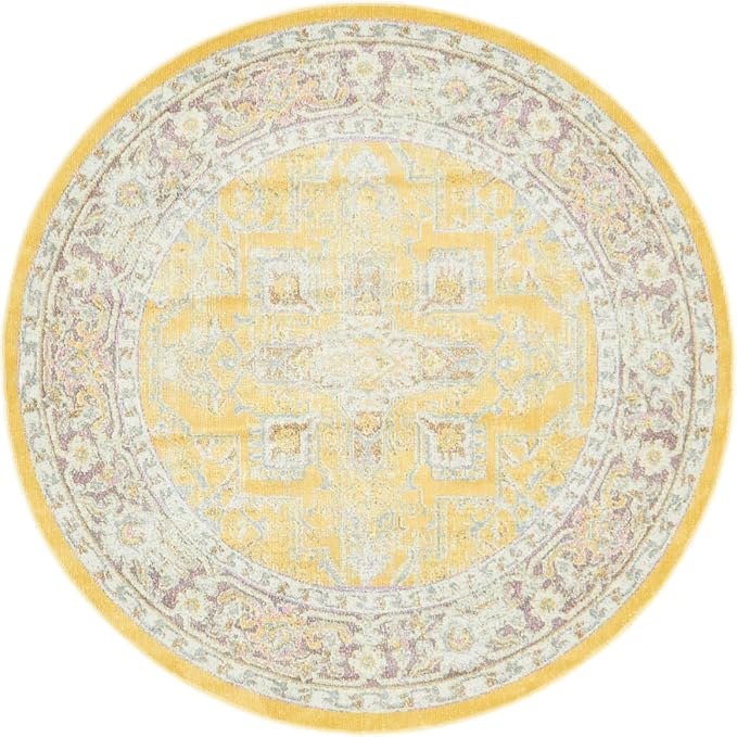 Unique Loom Baracoa Collection Area Rug - Prado (5' 5" Round, Yellow/ Ivory)