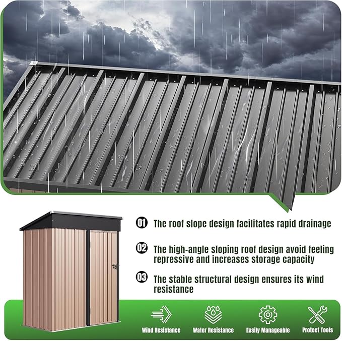 Aoxun 5'x3' Outdoor Metal Storage Shed with Lockable Door- Ideal for Tools, Garden Equipment & Bikes, Perfect for Patio Placement(Brown)