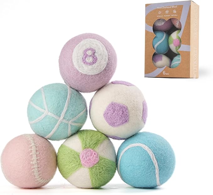 Wool Dryer Balls XL Size 6 Pack - Cute Dryer Balls with Ball Patterns Natural New Zealand Wool Balls Fun Dryer Balls Laundry Reusable Anti Static (Ball Patterns with Creative Color)