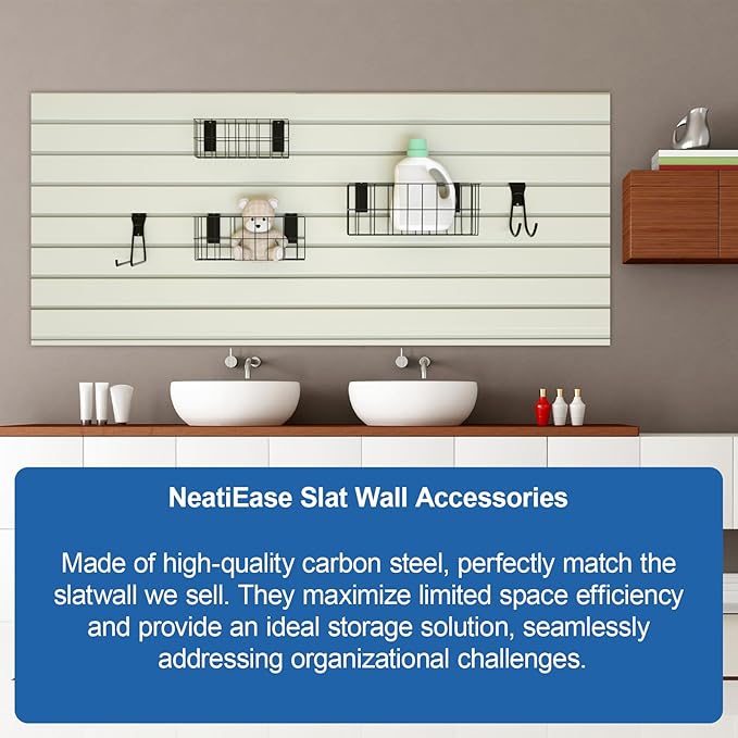 NeatiEase 29 PCS Slatwall Accessories Kit for Garage Rooms Shops Storage, Slat Wall Accessory Includes 3 Pack Slatwall Baskets Set and 26 PCS Multisized Heavy Duty Slatwall Hooks