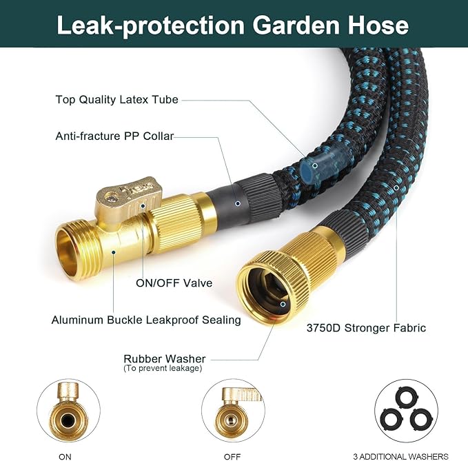 2025 Upgrade 50FT Expandable Garden Hose Water Hose with 10-Function High-Pressure Spray Nozzle, Heavy Duty Flexible Hose, 3/4" Solid Brass Fittings Leakproof Design