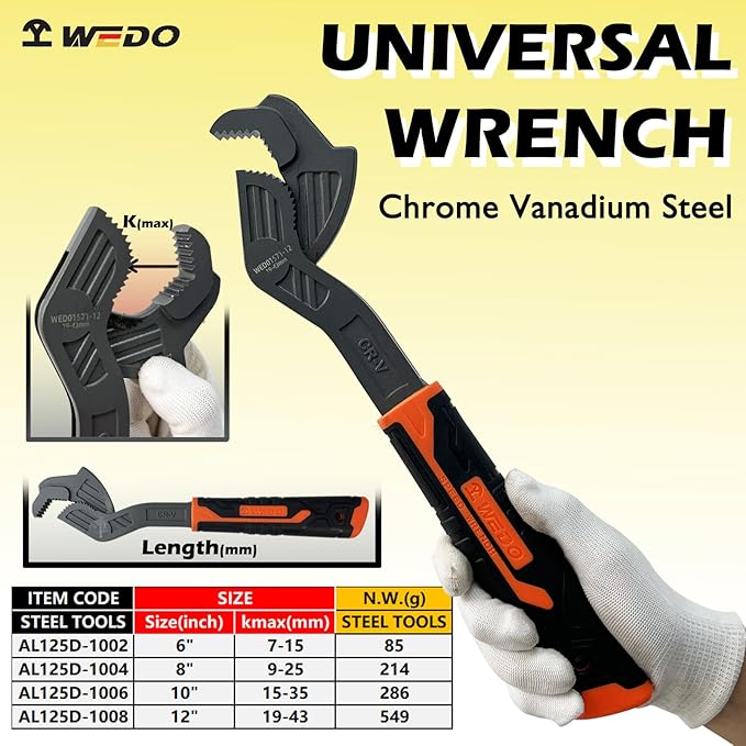 WEDO 4-Piece Multi-function Wrench Set,Size 6"+ 8"+ 10"+ 12",Universal Adjustable Wrench,CR-V Steel,Anti slip rubber handle,Spring Loaded wrench,Crowfoot Spanner,Self-adjusting Pipe Wrench