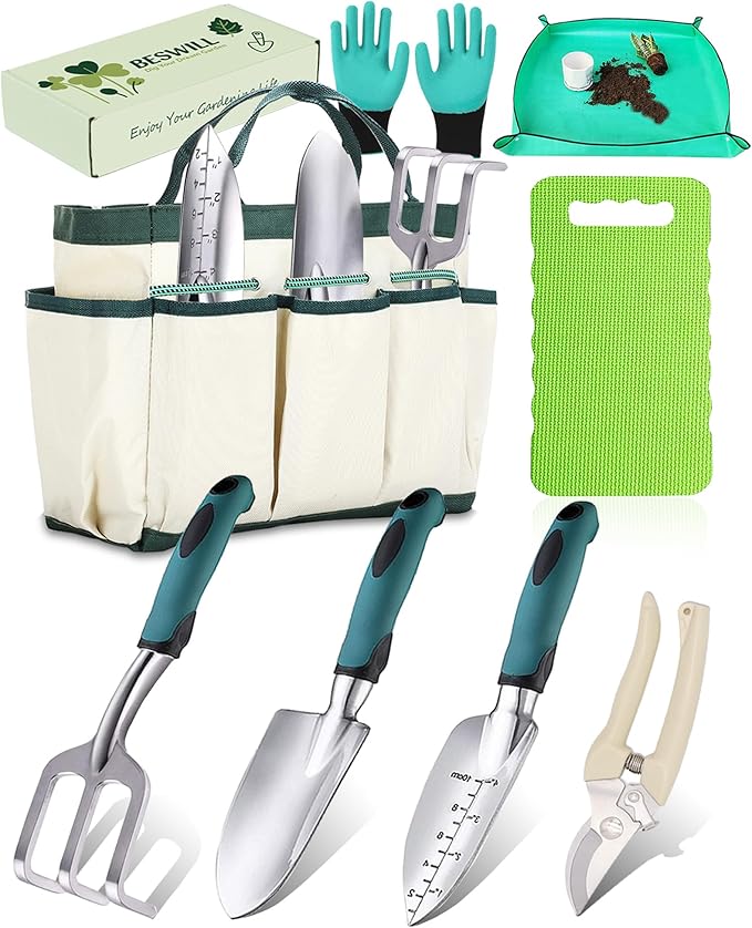 8-Piece Heavy-Duty Gardening Tools Set with Tote Bag - Rust-Proof Aluminum Gardening Hand Tools with Ergonomic Non-Slip Rubber Grips - Gardening Supplies Set Ideal Gift for Men & Women