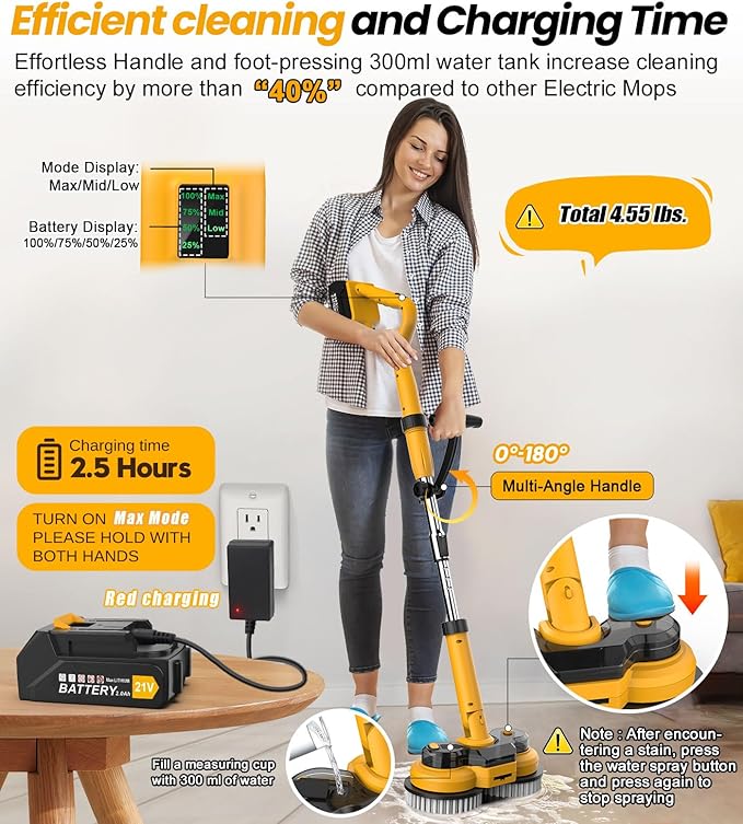 qimedo 6000mAh Battery Cordless Electric Mop M1 Pro, 800RPM Electric Power Scrubber & Mops for Floor Cleaning, Automatic Spin Mops with Smart Display,Rotating Mop with LED Light & Water Spray