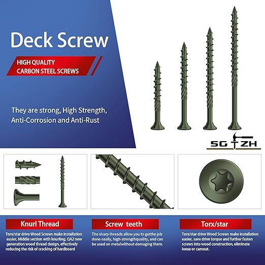 #10 x 3-1/2" Deck Screws (115Pcs) 2lb. Carbon Steel, Green, Flat Head, Rust Resistant epoxy Coated, with T25 Star Bit