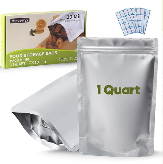 60pcs 1 Quart Mylar Bags for Food Storage - ExtraThick 10 Mil - Smell Proof Mylar bags 1 Quart - Stand-Up Zipper Pouches 7x10 Inch - Small Mylar Bags Food Container Sets - Heat Sealable