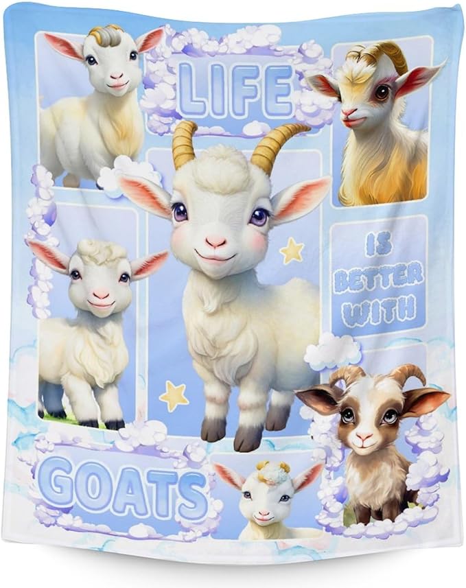 Goat Blanket for Girls - 40x50 Inches Flannel Blankets - Soft Fuzzy Plush Throws Gift - Blue Funny Throw for Couch, Sofa