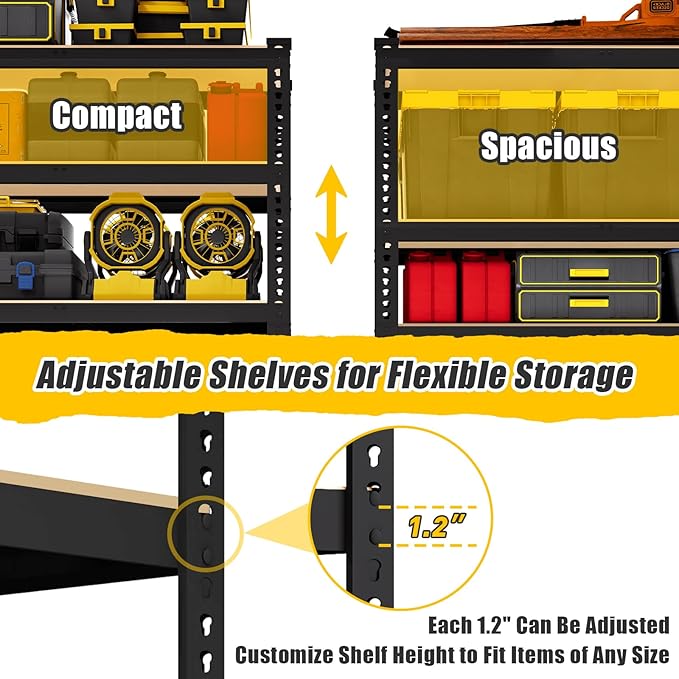 5-Tier Metal Storage Shelves: Heavy Duty Garage Shelving Adjustable Shelves for Storage - Black Utility Rack Shelf for Pantry, Warehouse, Closet, Office, Kitchen, 28" W x 12" D x 59" H