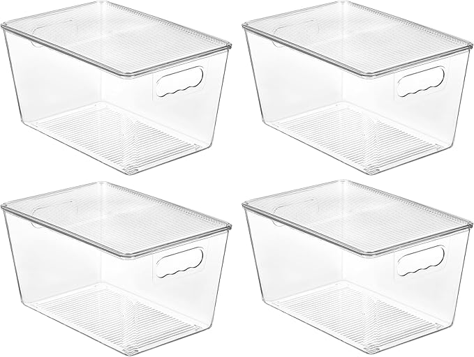 Vtopmart 4 Pack Clear Stackable Storage Bins with Lids, Large Plastic Containers with Handle for Pantry Organizer and Storage,Perfect for Kitchen,Fridge,Cabinet, Closet,Bathroom Organization