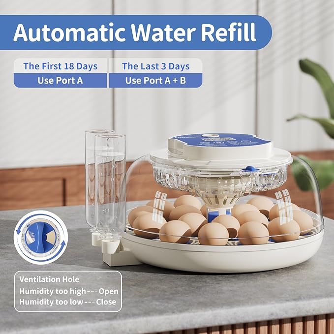 18 Egg Incubator, Hatch Day and Humidity Display, Automatic Turning and Stop, 2 Size Egg Trays, Candling Light, Automatic Water Refill, Air Vent, Hatching Chicken Quail Duck Turkey Goose Birds
