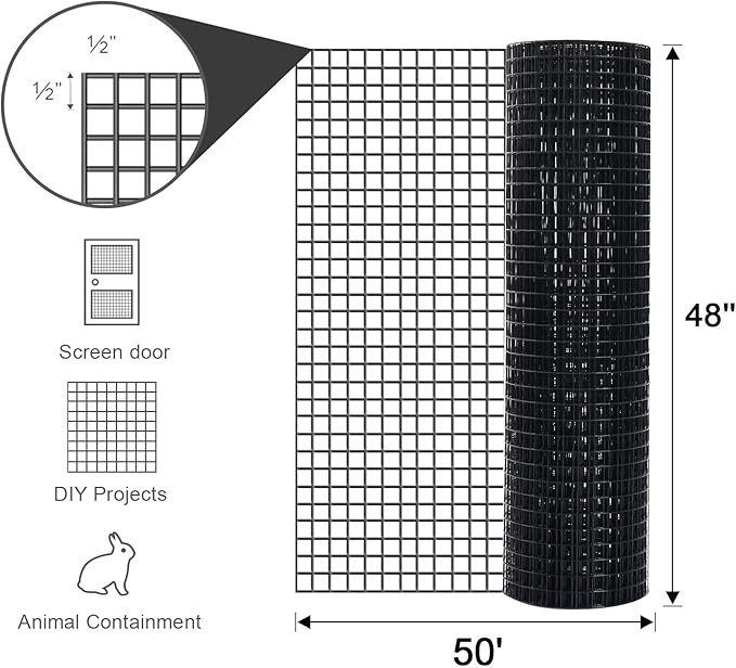 48'' x 50' 1/2inch Hardware Cloth 19 Gauge Black Vinyl Coated Welded Fence Mesh for Home and Garden Fence and Home Improvement Project