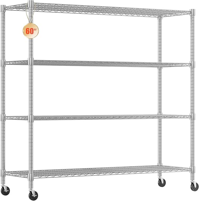 Homdox 4-Tier Heavy Duty Metal Shelves with Wheels - 2400LBS Commercial Adjustable Shelves for Garage, Pantry, Kitchen - 24"x60"x72", Chrome