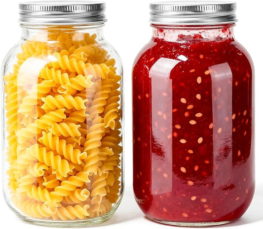 Mason Jars with Lids 32 oz, 2 Pack Regular Mouth Glass Canning Jars for Food Storage, Juice, Jam, Candies, Snack