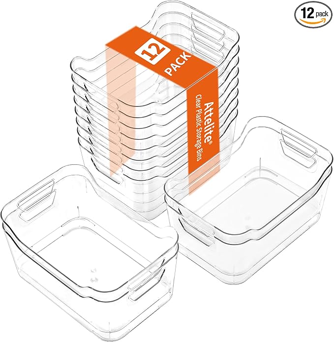 Attelite 12 Pack Clear Plastic Storage Bins, Multi-Use Pantry Organizers and Storage, Pantry Organizer Containers for Home, Kitchen, Freezer, Fridge, Cabinet, Bathroom and Under Sink Organizing