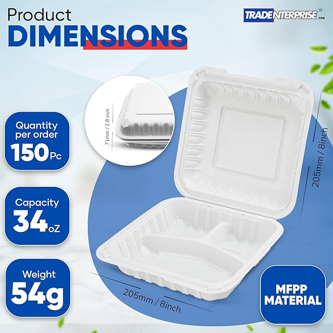 To Go Food Containers, Reusable 150 Pack 8 Inch 3 Compartment White Clamshell Take Out Food Boxes MFPP Meal Prep Container BPA Free Microwave Freezer Safe Plastic Hinged 34 OZ