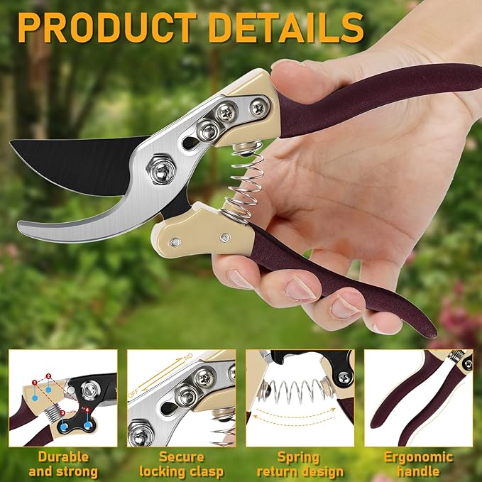 Heavy Duty Pruning Shears，Garden Scissors & Clippers with Red-BIDMLI 8.66" SK5 Steel Blades & Aluminum Alloy Handles, Tree Branch Cutter, Ideal for Thick Branches, Dry Twigs, Flower Pruning Tool.