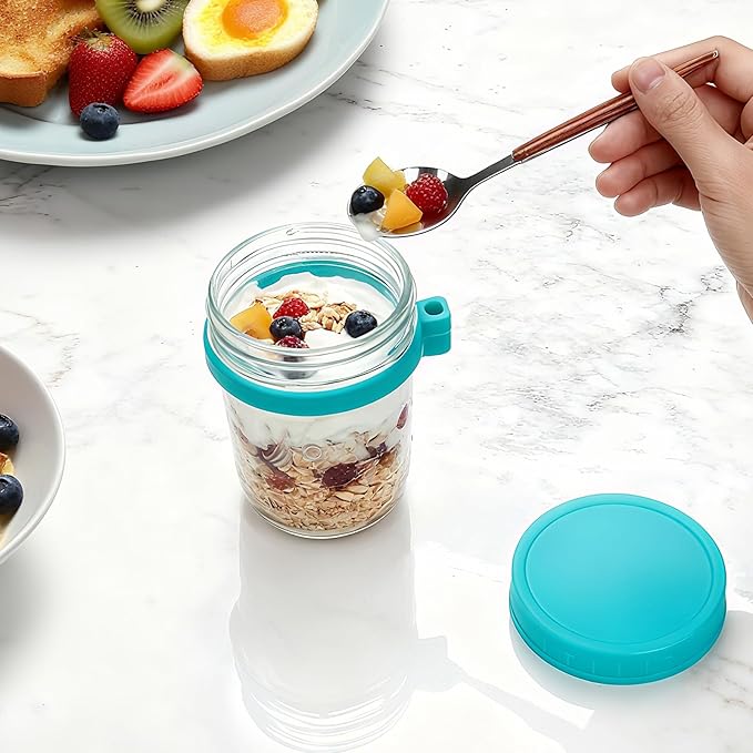 4-pack Overnight Oats Containers with Lids, Spoons & Small Containers for Nuts, 16oz Glass Mason Overnight Oats Jars with Airtight Lid, Reusable Chia Pudding Jars Yogurt Parfait Container with Lids