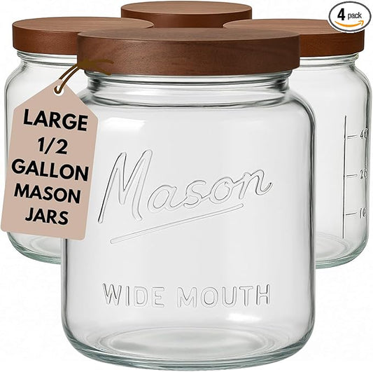 kitchentoolz Half Gallon Glass Mason Jars with Airtight Wooden Lids - Food Storage & Canning Jars with Measurement Markings - Pantry Containers for Flour, Sugar & Dry Goods - 64 oz (4pk)