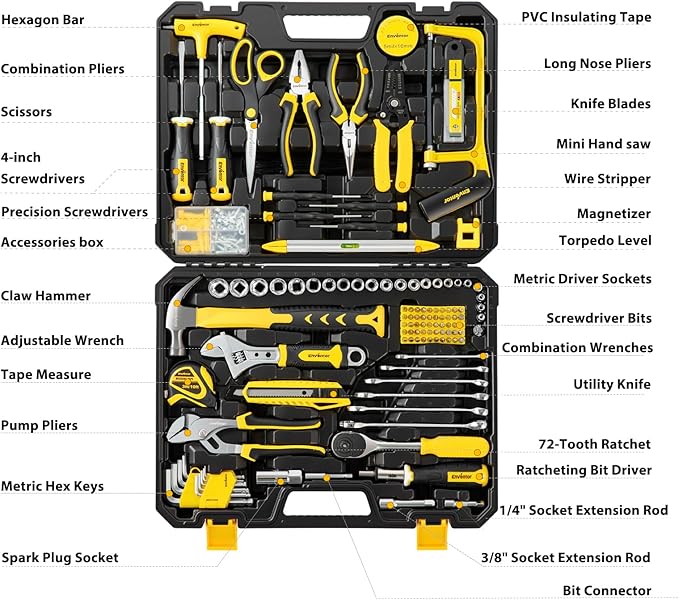 Enventor Home Tool Kit, 220 Piece Hand Tool Kit with Toolbox Storage Case, Basic Household Auto Repair Tool Set for Home Repairs Men Women DIY, Auto Maintenance, General Use, Household Repair Tools