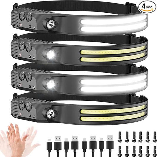 4PCS LED Headlamp Rechargeable - 230° COB Super Bright Head Lights for Forehead, Hard hat Light for Adults, USB C Headband Flashlight for Work, Hiking, Running, Camping Essentials Gear