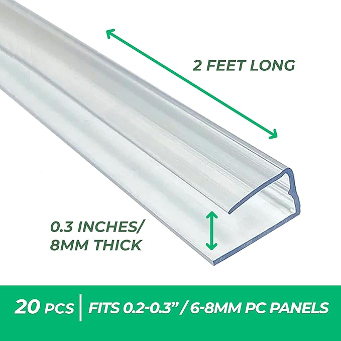 Polycarbonate Greenhouse Panels U Connector Profile - 20 Pieces, 2ft Length, Prevent Dust, Rain & Moisture from Getting into Twin-Wall Greenhouse Panels, Fit 8mm or 6mm Panels (U Connectors 8mm-2ft)