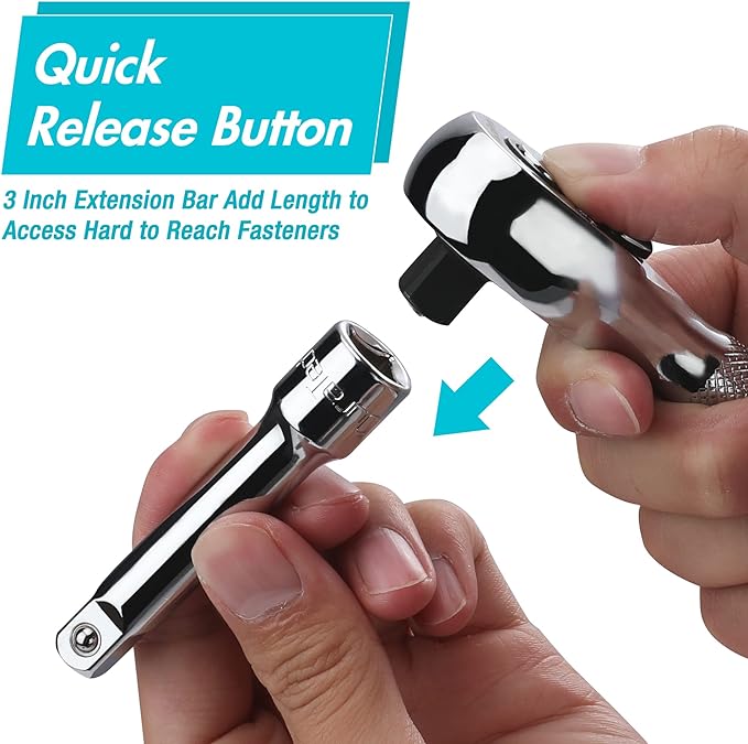 DURATECH Stubby Ratchet Set, 1/4-Inch and 3/8-Inch Ratchets with 2 Extension Bars, 4-piece, 72-T Reversible Quick-Release Head, Chrome Plated Finish and Full Polish