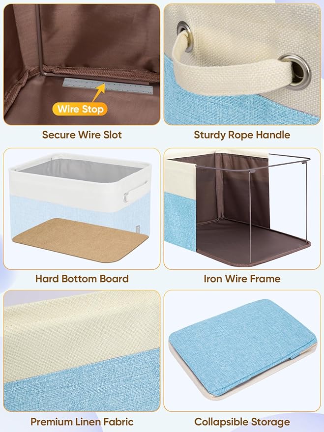 BALEINE 3 Pack Fabric Storage Bins for Shelves, Linen Storage Baskets for Organizing, Decorative Closet Bins for Clothes, Home (Skyblue, 17''x13''x10.5'')