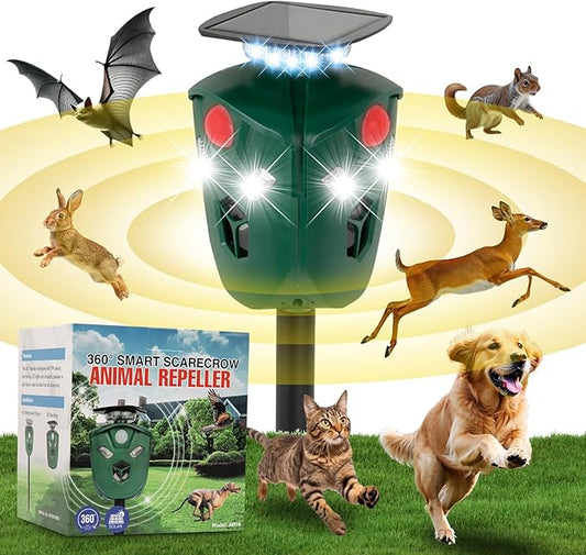 360° Ultrasonic Animal Repeller Outdoor – Solar & USB Powered with 3 PIR Motion Sensors & 6 Flashing Lights, Waterproof Cat, Deer, Raccoon, Dog & Rabbit Deterrent for Yard & Garden
