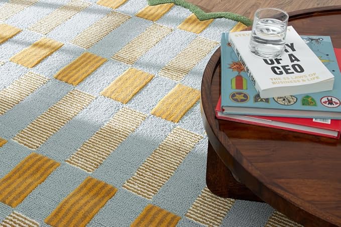 Hand-Tufted Wool Rug with Scalloped Edges, Light Blue Plaid Pattern, Cozy Soft Area Rug for Living Room, Bedroom, and Nursery, Handmade Modern Accent Rug, 2.5x12 Ft (Runner)