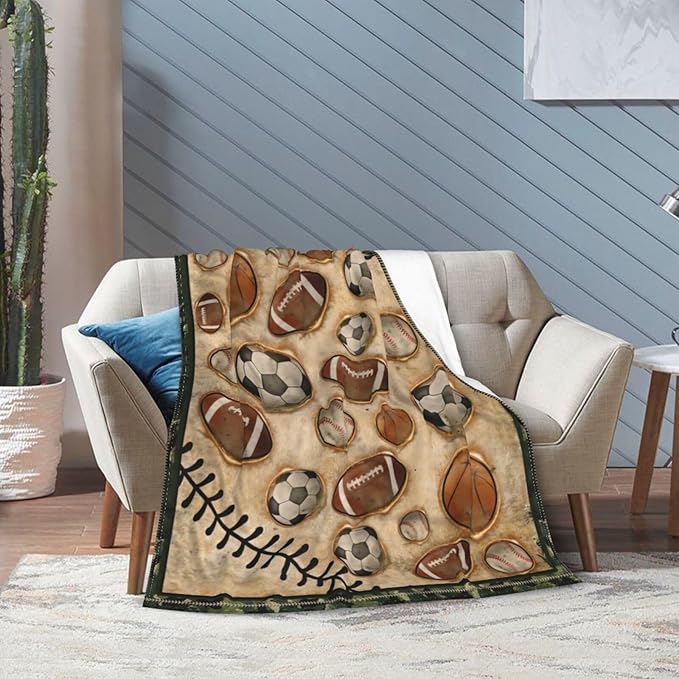 Vintage Sports Soccer Blanket Ultra Soft Cozy Plush Baseball Basketball Football Throw Blanket Sport Ball Fans Lovers Gifts Kids Adults Lightweight Flannel Comfy Blankets for Couch Sofa Bed 50"x40"