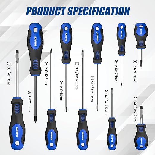 SORAKO 11-Piece Magnetic Screwdriver Set, 5 Phillips and 5 Slotted Tips, Include Magnetizer, Screwdriver with Professional Non-Slip Grip, for Home Repair and DIY Projects，With Case