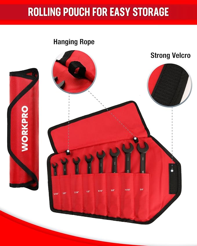 WORKPRO Ratcheting Combination Wrench Set, 8-piece Flex-Head Anti-Slip Set SAE 5/16-3/4 inch, 72-Teeth, Cr-V Constructed, Black Electrophoretic Coating with Rolling Pouch
