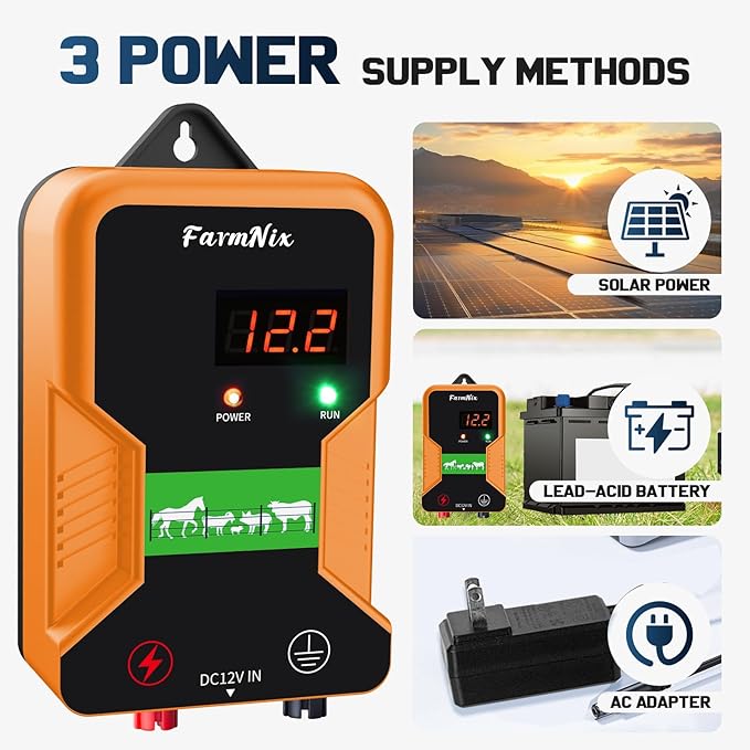 12 kV Electric Fence Charger with LED Display,2 Joule Pulse Energy,Covering up to 15 KM,Waterproof,Ideal for Home Pastures and Gardens by Containing Dogs,Livestock,Pets and Poultry