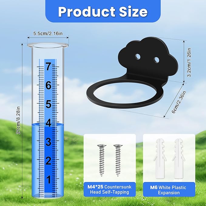 Rain Gauge Outdoor, Rain Gauge Replacement Tube with Stainless Steel Mounting Rack Holder, 7" Clear Large Numbers Rain Gauge Measuring Tool for Garden Yard Lawn Patio Yard Fence and Farm Use (Cloud)