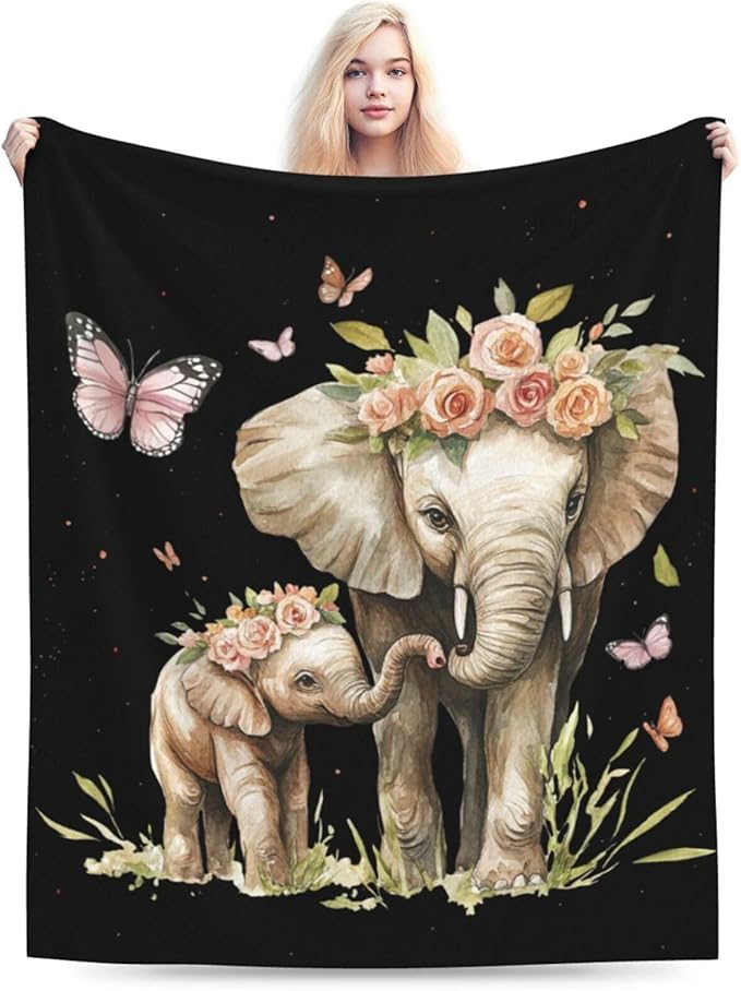 Elephant Blanket Soft Cozy Cute Elephant Fleece Throw Blanket Warm Mother Child Animal Flannel Plush Bedding Stuff Decor Blankets Gifts for Lover Girls Boys Kids Women Adults Bed Travel 60"x80"