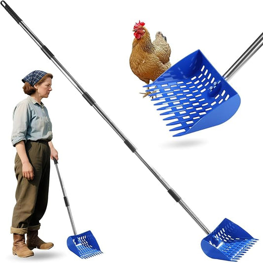 2025 Design 2 in 1 Chicken Poop Scooper – Adjustable 26“ to 68” Stainless Steel Handle, Heavy-Duty Waste Scoop with Built-in Rake Durable Design for Backyard Chicken Coops