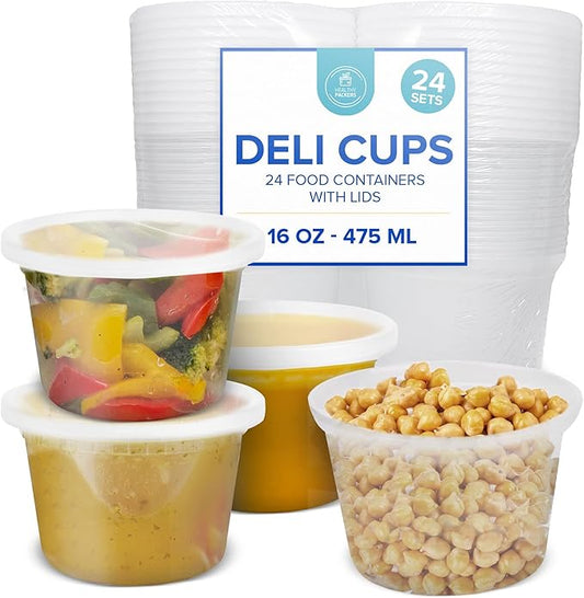 Healthy Packers 16oz Food Storage & Soup Containers with Airtight Lids - Clear Plastic Deli Cups - Great for Your Slime Kit - BPA Free | Leakproof - Microwaveable - Reusable & Freezer Safe (24 pack)