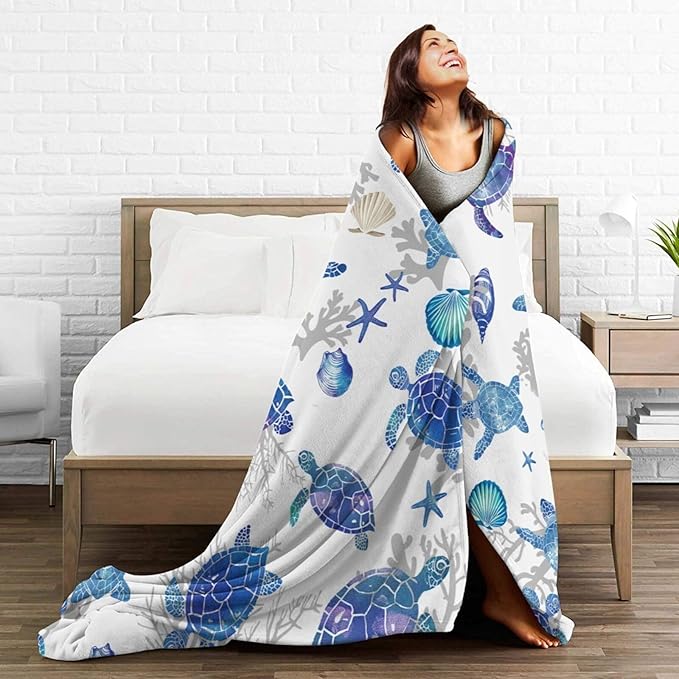 Sea Turtle Blanket Ocean Throw Blanket Soft Warm Cozy Fuzzy Plush Turtle Throw Blanket Gifts for Girls Women Sea Turtle Lightweight Fleece Flannel Gift Blankets for Kids Adults 60"X80"