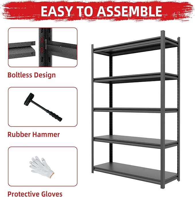72''H 5-Tier Garage Storage Shelves, Heavy Duty Garage Shelving with Adjustable Shelves, 2800 LBS Load Capacity Metal Shelving Unit for Garage, Warehouse, Pantry