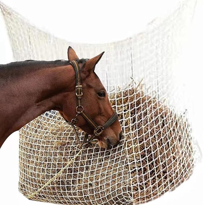 2 Pieces, White, Slow hay net for Horse Hay Feeder mesh hay Bag Goat stall Trailer Horse Feed (35 x 31 inch)