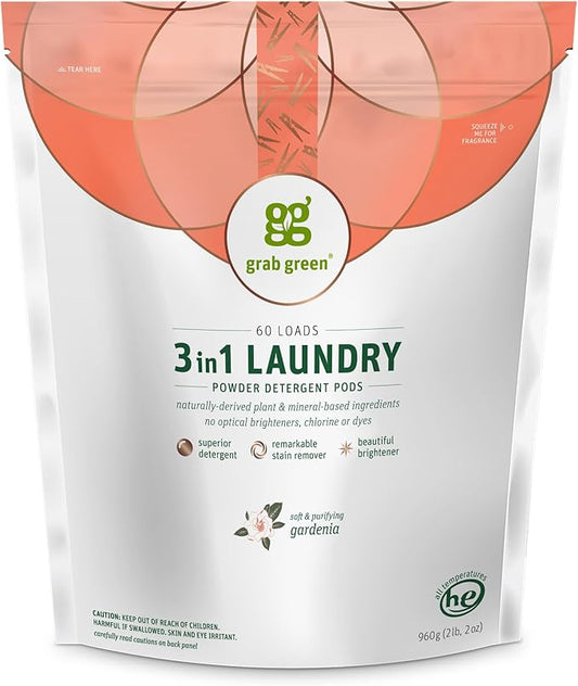 Grab Green 3-in-1 Laundry Detergent Pods, 60 Count, Gardenia Scent, Plant and Mineral Based, Superior Cleaning Power, Stain Remover, Brightens Clothes