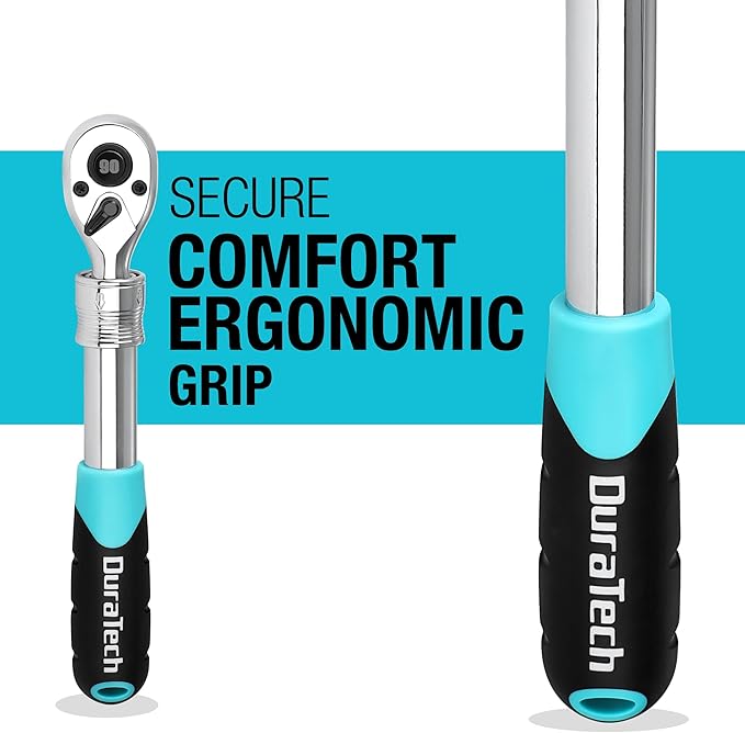 DURATECH 3/8-Inch Drive Extendable Ratchet, 90-Tooth Quick-release Ratchet Wrench with Cushion Handle & Telsecoping Locking Shaft(4 Length Adjustment: 8-1/2" to 12-2/5"), Reversible, Chrome Alloy Made