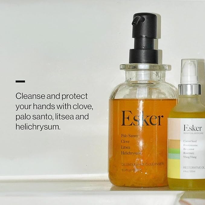 ESKER Calendula Hand Cleanser – Luxury Plant-Based Foaming Hand Wash | Calendula & Essential Oils in Reusable Glass Bottle – Plant-Based • Cruelty-Free • Sulfate-Free • 16.9 fl oz