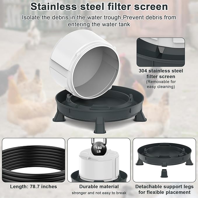 4.28L Heated Chicken Waterer - Winter Freeze-Proof Heated Poultry Waterer, 84W Hanging Chicken Water Heater with 4 Detachable Leg Support, Poultry Water Fountain for Chickens, Ducks（Round）