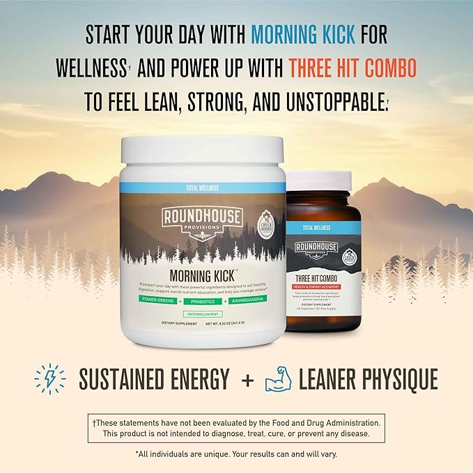 ROUNDHOUSE PROVISION Morning Kick by Chuck Norris - Watermelon Mint Flavor - Greens Superfood Powder with Probiotics, Collagen Peptides & Ashwagandha to Help Support Gut & Joint Health, 3 Pack